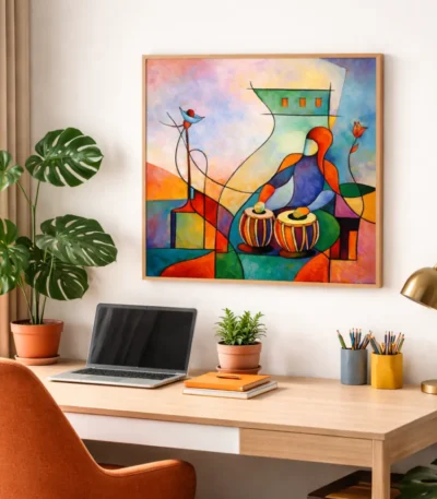 Contemporary figurative hand-painted canvas depicting musicians and drummers in vibrant jewel tones and warm ochres, styled in modern workspace