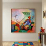 Expressionist hand-painted canvas depicting stylized figures with drums and birds in vibrant multi-colored geometric blocks, contemporary living space