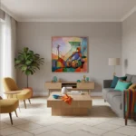 Gestural contemporary painting depicting a colorful drummer figure with abstract geometric forms in vibrant red, blue, yellow and green tones, modern living room setting