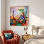 Vibrant figurative hand-painted canvas depicting musicians with drums and stylized architecture in bold multicolored geometric patterns, contemporary bedroom setting