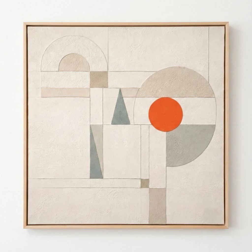 Minimalist hand-painted canvas with geometric shapes, muted neutrals, and a striking orange circle accent