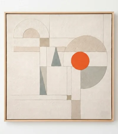 Minimalist hand-painted canvas with geometric shapes, muted neutrals, and a striking orange circle accent