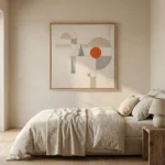 Geometric abstract hand-painted canvas with layered circles, triangles and rectangles in warm terracotta, sage and cream tones, modern bedroom