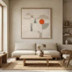 Minimalist abstract hand-painted canvas with geometric shapes in cream, grey, and burnt orange tones, contemporary living space