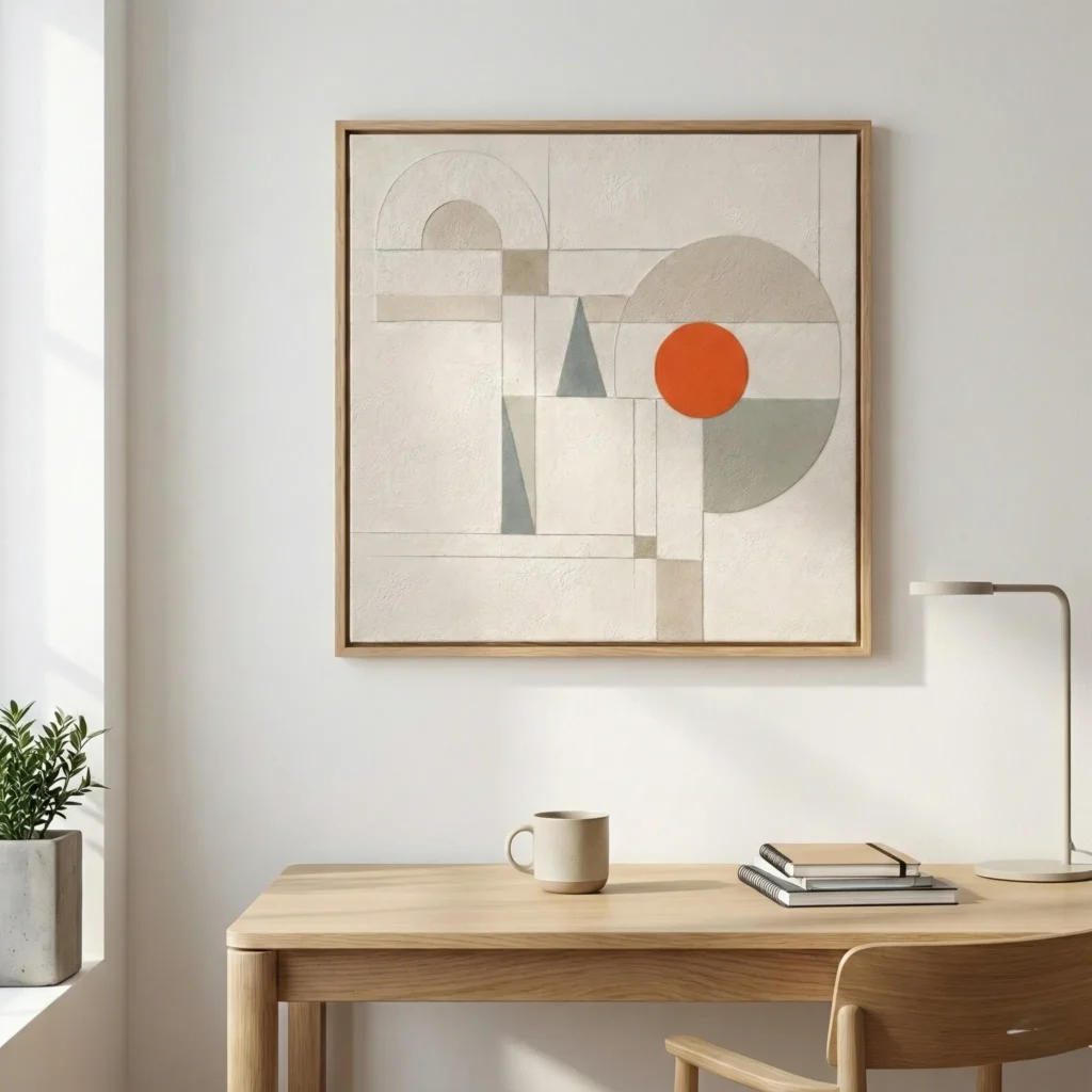 Minimalist hand-painted canvas with geometric shapes, soft neutrals, and a striking burnt orange circle accent, modern workspace