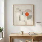Minimalist hand-painted canvas with geometric shapes, soft neutrals, and a striking burnt orange circle accent, modern workspace
