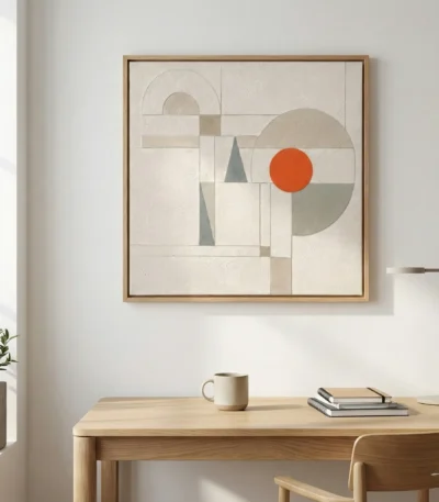 Minimalist hand-painted canvas with geometric shapes, soft neutrals, and a striking burnt orange circle accent, modern workspace