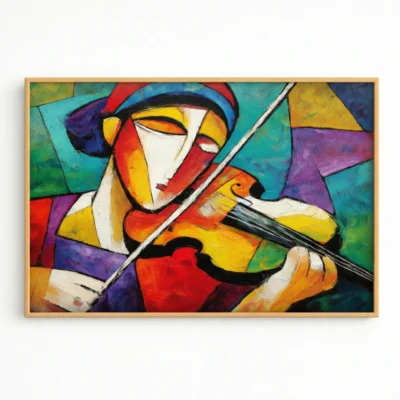 Expressionist hand-painted canvas depicting a vibrant musician with violin in bold reds, yellows, blues and purples, contemporary living space