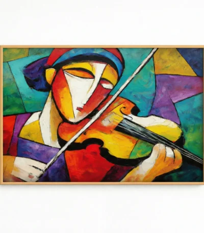Expressionist hand-painted canvas depicting a vibrant musician with violin in bold reds, yellows, blues and purples, contemporary living space