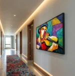 Vibrant figurative hand-painted canvas of a musician with violin in bold geometric color blocks, modern hallway setting