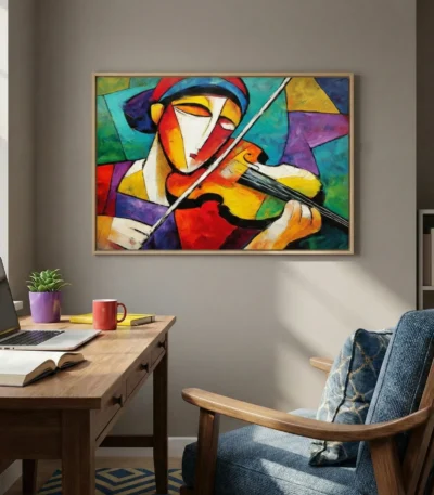 Expressionist hand-painted canvas depicting a violin musician in bold geometric forms and vibrant rainbow palette, contemporary workspace