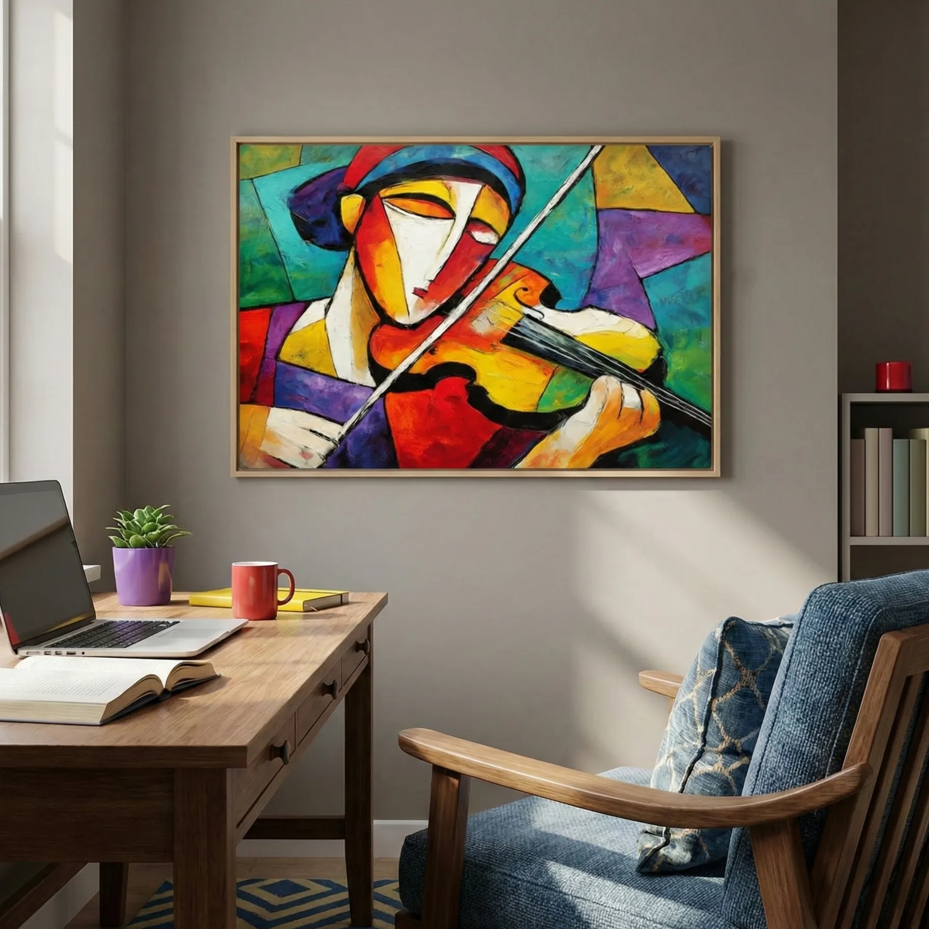 Harmony in Color – Modern Abstract Violin Painting (3) Expressionist hand-painted canvas depicting a violin musician in bold geometric forms and vibrant rainbow palette, contemporary workspace
