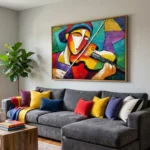 Contemporary figurative hand-painted canvas of a musician with violin in vibrant cubist color blocking, modern living space