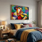 Cubist hand-painted canvas depicting a violinist in bold geometric planes of red, yellow, blue and teal, contemporary bedroom