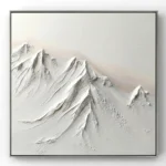 Textured monochrome hand-painted canvas depicting snow-capped mountain peaks in layered white and cream tones