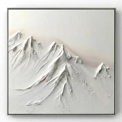 Textured monochrome hand-painted canvas depicting snow-capped mountain peaks in layered white and cream tones