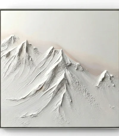 Textured monochrome hand-painted canvas depicting snow-capped mountain peaks in layered white and cream tones