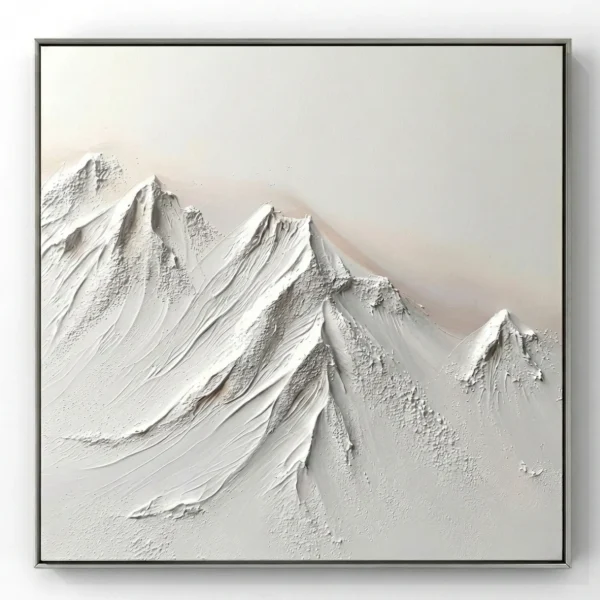 Textured monochrome hand-painted canvas depicting snow-capped mountain peaks in layered white and cream tones