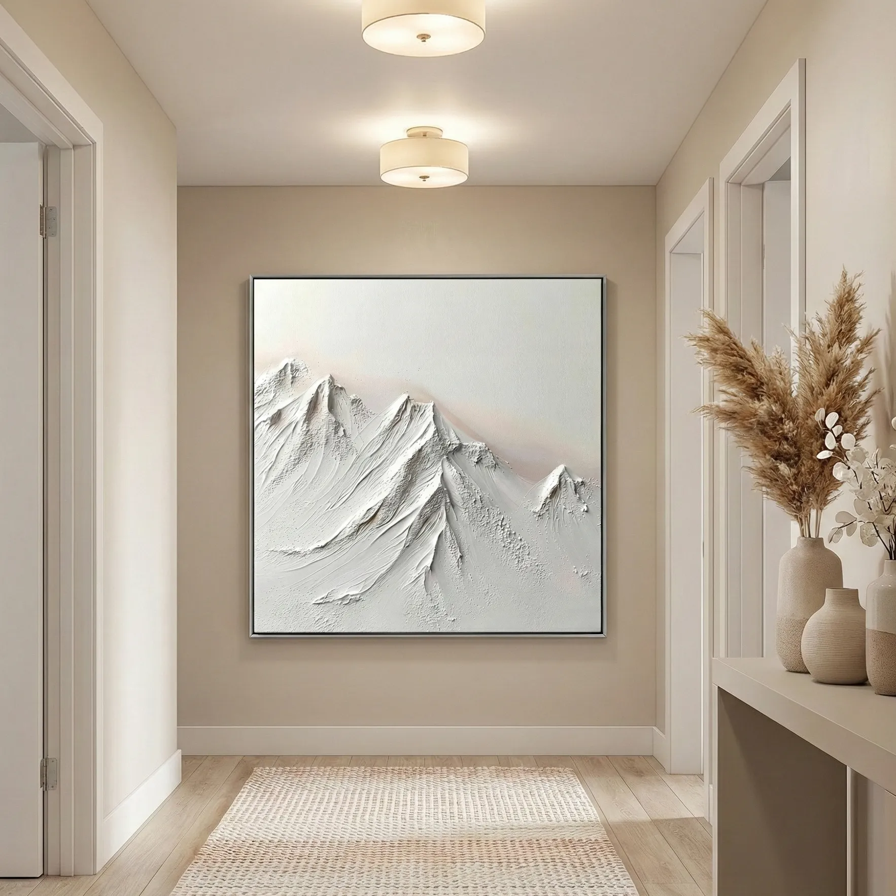 Heavy impasto mountain landscape abstract wall decor (5) Textured monochrome hand-painted canvas depicting snow-capped mountain peaks in layered white and gray tones, contemporary entryway