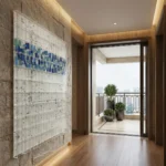 Contemporary hand-painted canvas with layered blue and teal gestural marks on textured cream ground, modern interior
