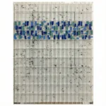 Layered abstract hand-painted canvas in navy, teal, and cream with gestural brushwork and textured mark-making, contemporary living space