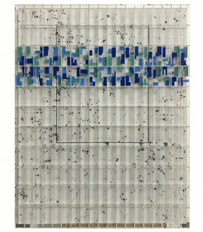 Layered abstract hand-painted canvas in navy, teal, and cream with gestural brushwork and textured mark-making, contemporary living space