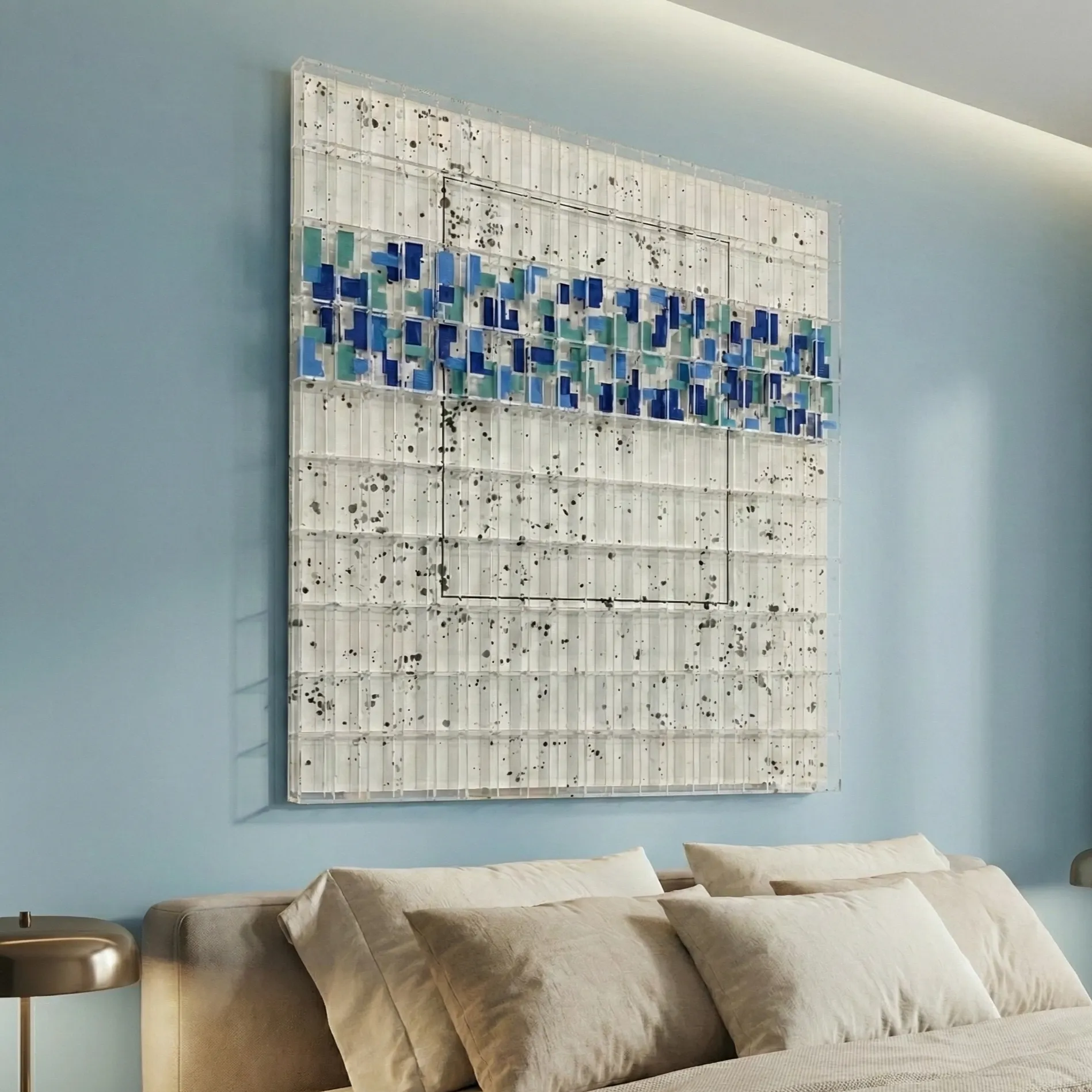 Horizon Grid – Contemporary Textured Blue and Teal Artwork_ Textured abstract hand-painted canvas with blue and teal gestural marks on cream speckled ground, contemporary bedroom