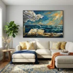 Gestural impressionist hand-painted canvas depicting an open book beside stormy seascape in deep blues and golden yellows, contemporary living space