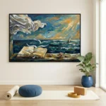 Expressionist hand-painted canvas depicting an open book and sailing vessel against dynamic ocean and sky in deep blues, golds, and cream tones, yoga studio setting