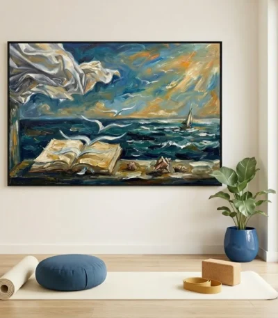 Expressionist hand-painted canvas depicting an open book and sailing vessel against dynamic ocean and sky in deep blues, golds, and cream tones, yoga studio setting