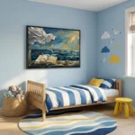 Expressionist hand-painted canvas depicting an open book overlooking turbulent seas with dramatic golden sky, rich blues and cream tones, styled in a coastal bedroom