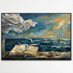 Gestural hand-painted canvas depicting an open book on a beach with sailboat and turbulent ocean, gold and teal brushstrokes