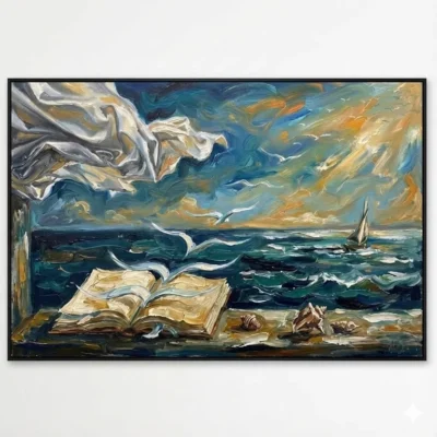 Gestural hand-painted canvas depicting an open book on a beach with sailboat and turbulent ocean, gold and teal brushstrokes