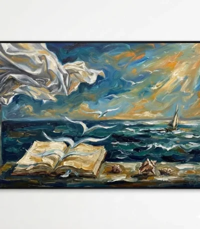 Gestural hand-painted canvas depicting an open book on a beach with sailboat and turbulent ocean, gold and teal brushstrokes