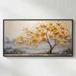 Textured contemporary hand-painted canvas featuring golden tree with layered leaves over misty water landscape in warm ochre and grey tones