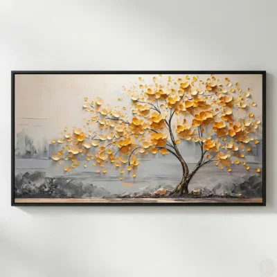Textured contemporary hand-painted canvas featuring golden tree with layered leaves over misty water landscape in warm ochre and grey tones