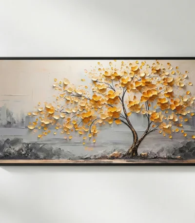 Textured contemporary hand-painted canvas featuring golden tree with layered leaves over misty water landscape in warm ochre and grey tones