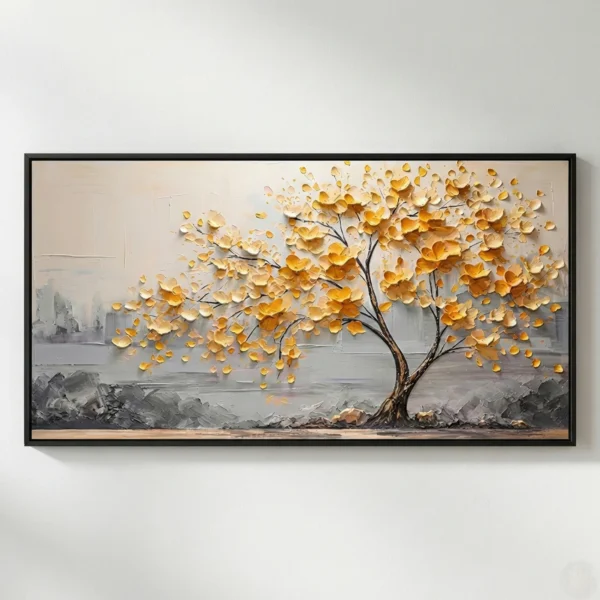 Textured contemporary hand-painted canvas featuring golden tree with layered leaves over misty water landscape in warm ochre and grey tones