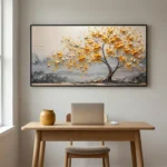Textured contemporary painting featuring a golden tree with layered leaves in ochre and cream tones, muted gray landscape backdrop, modern workspace setting
