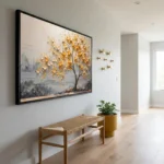 Contemporary textured hand-painted canvas depicting golden weeping tree with impasto leaves in warm ochre tones, modern entryway