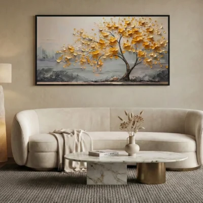 Textured hand-painted canvas depicting golden tree with layered foliage in cream and charcoal tones, contemporary living space