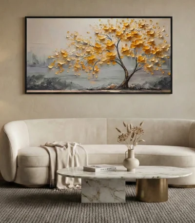 Textured hand-painted canvas depicting golden tree with layered foliage in cream and charcoal tones, contemporary living space