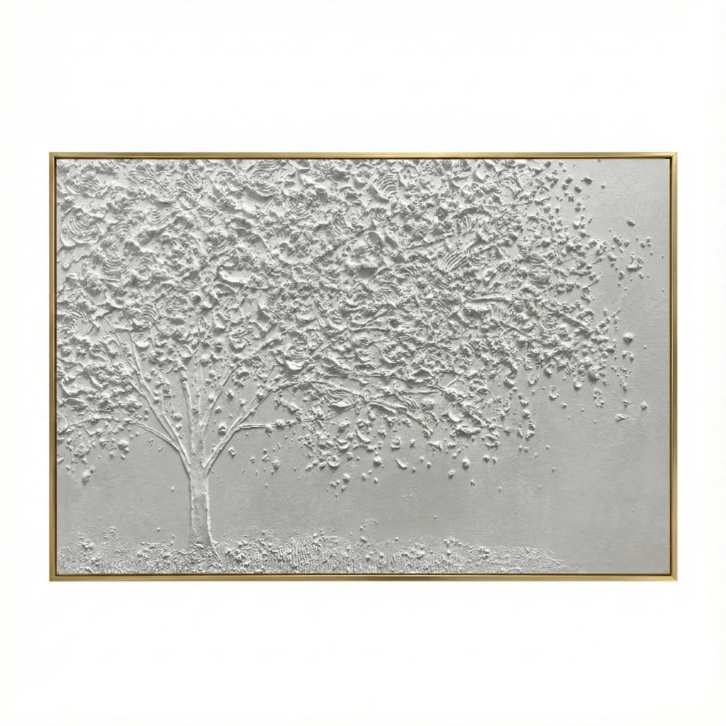 Textured contemporary hand-painted canvas depicting a solitary tree with dispersing leaves in monochromatic white and grey tones