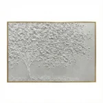 Textured contemporary hand-painted canvas depicting a solitary tree with dispersing leaves in monochromatic white and grey tones
