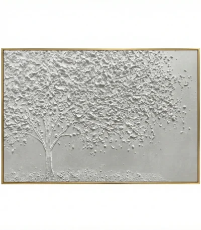 Textured contemporary hand-painted canvas depicting a solitary tree with dispersing leaves in monochromatic white and grey tones