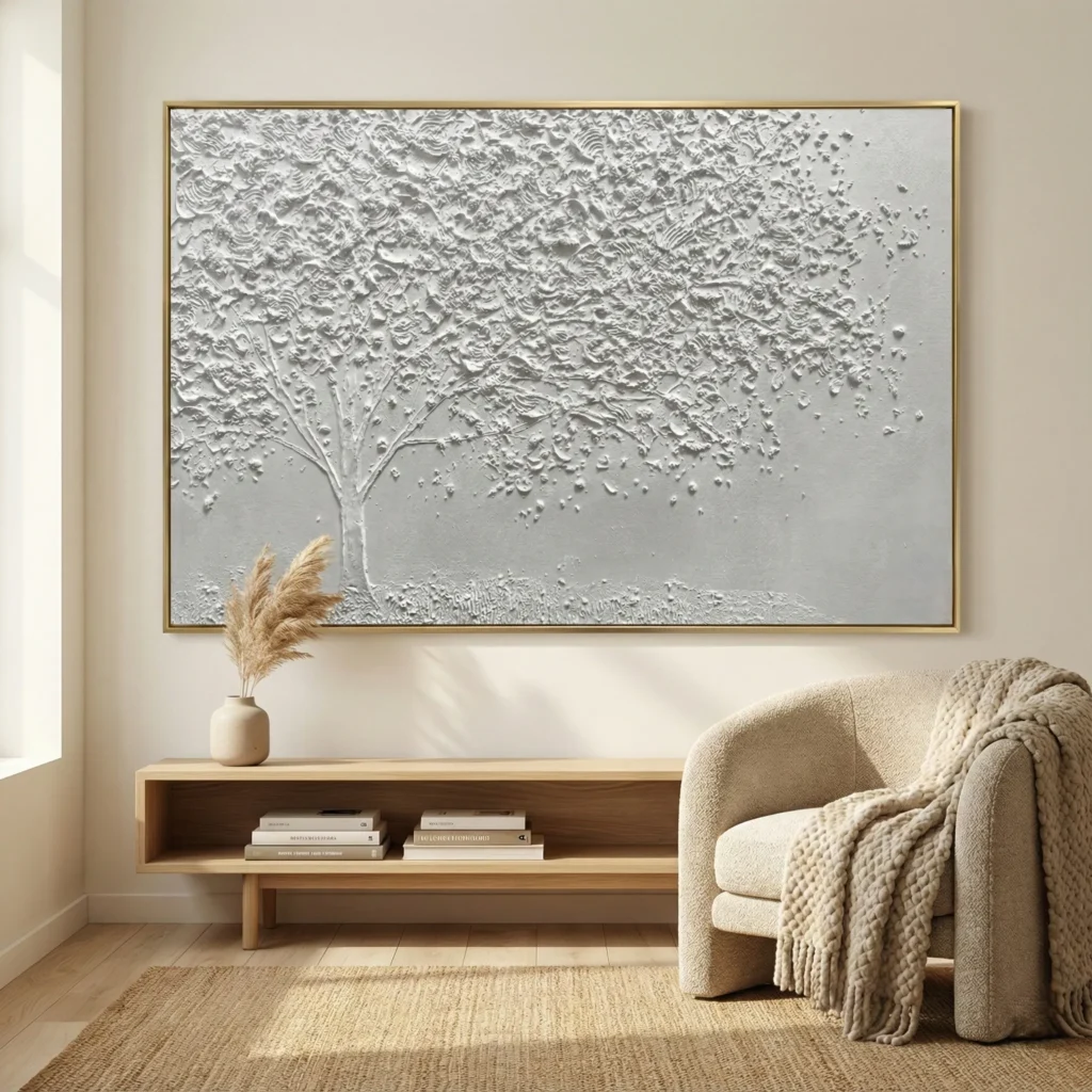Textured monochrome hand-painted canvas depicting a solitary tree with dispersing leaves in white and grey tones, contemporary living space