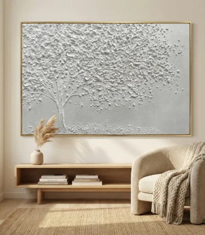 Textured monochrome hand-painted canvas depicting a solitary tree with dispersing leaves in white and grey tones, contemporary living space