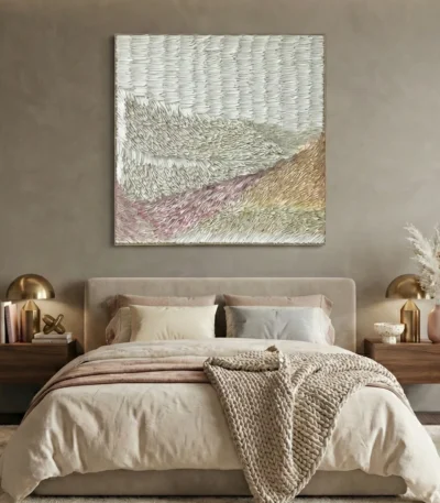 Textured abstract landscape hand-painted canvas in layered cream, taupe, and dusty rose tones, contemporary bedroom