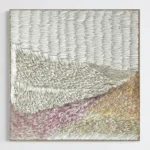 Textured landscape hand-painted canvas with layered mountains in cream, sage, ochre and dusty rose tones