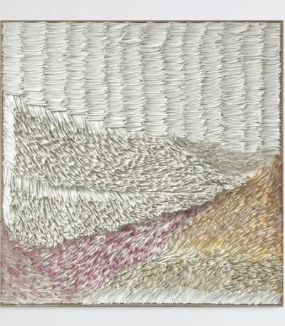 Textured landscape hand-painted canvas with layered mountains in cream, sage, ochre and dusty rose tones